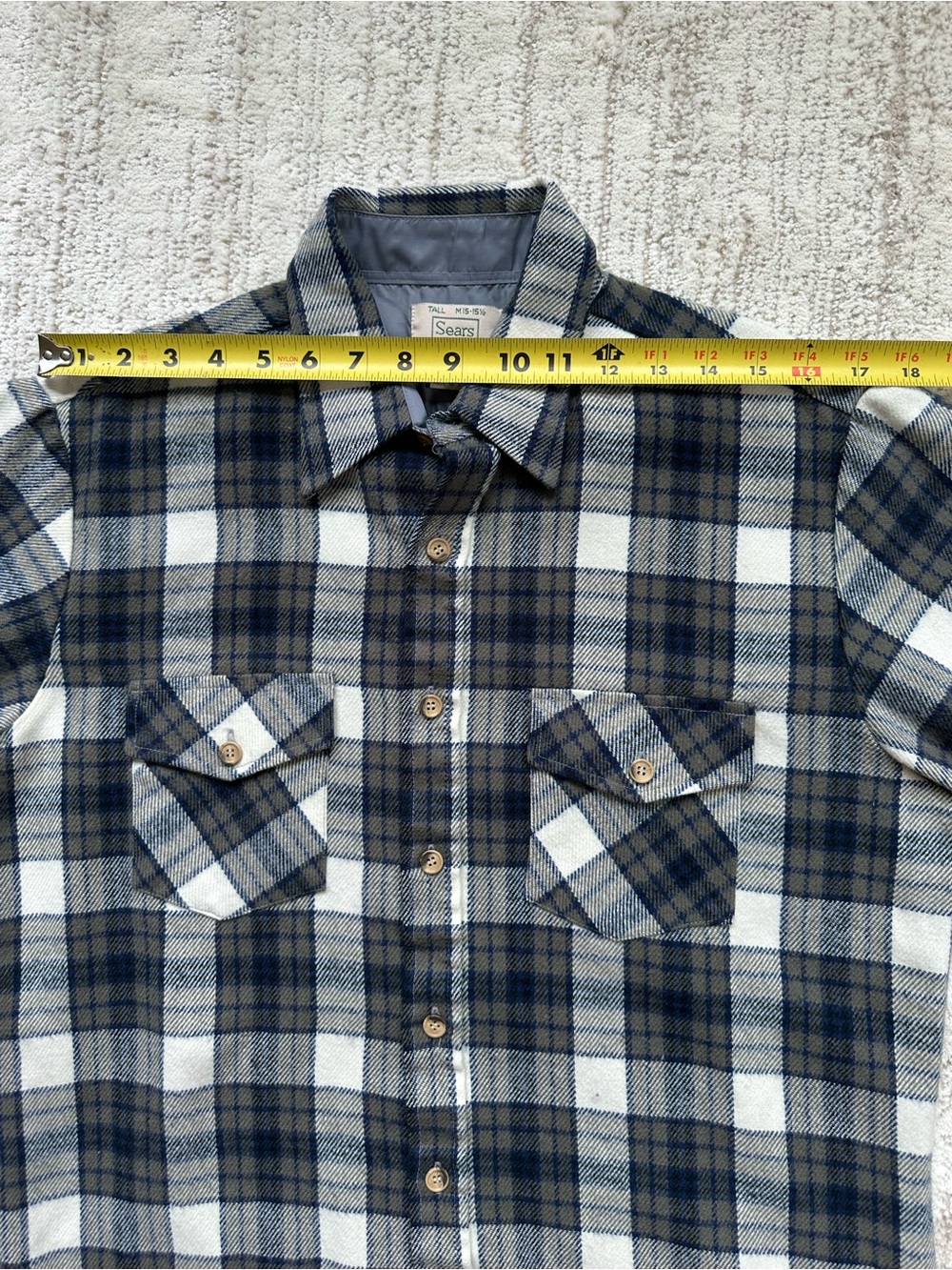 Vintage Sears Flannel Button Down Shirt MEDIUM TALL 15-15 1/2 Plaid 100% Acrylic - Picture 7 of 10